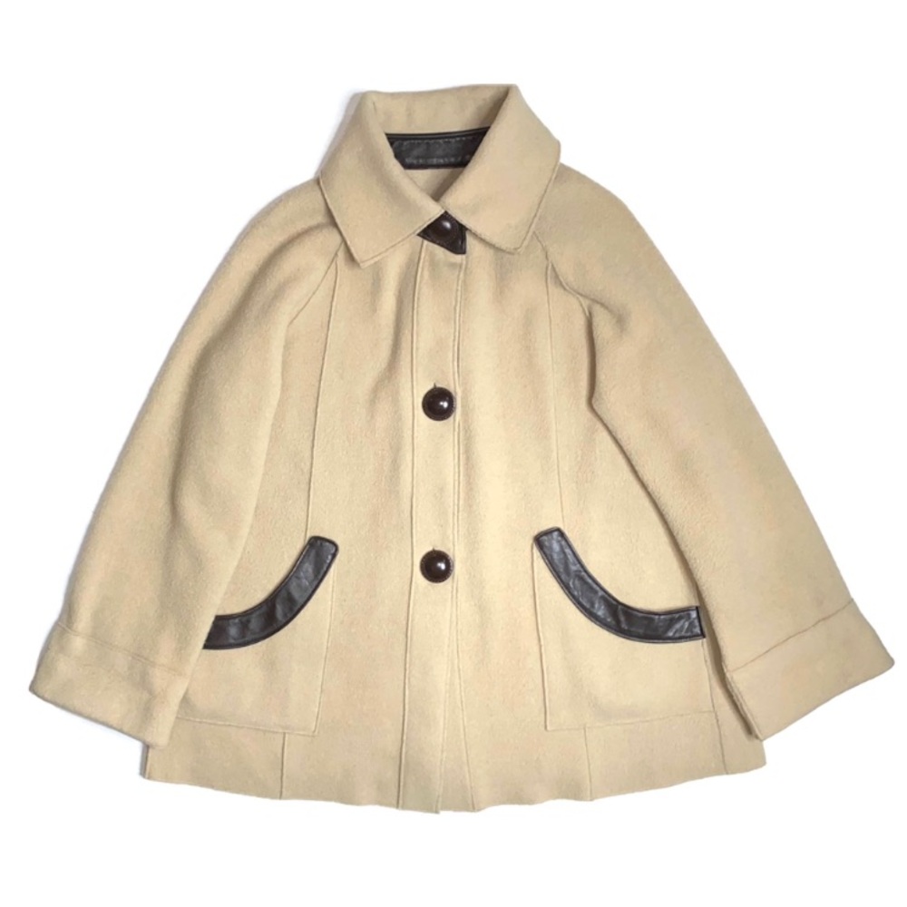 Beige/tan wool coat with leather trim